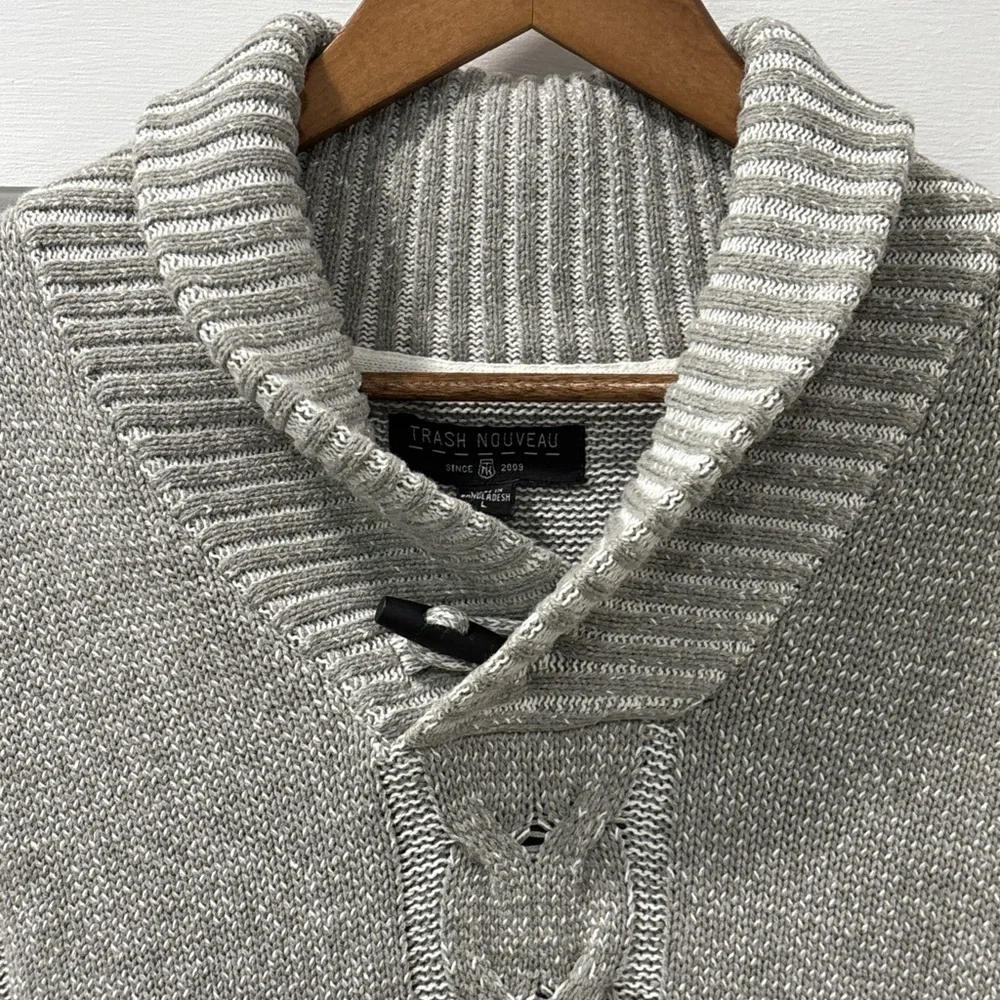 Trash Nouveau Men’s Shawl Neck Cable Knit Sweater Sz L Gray Grandpa Nordic EUC